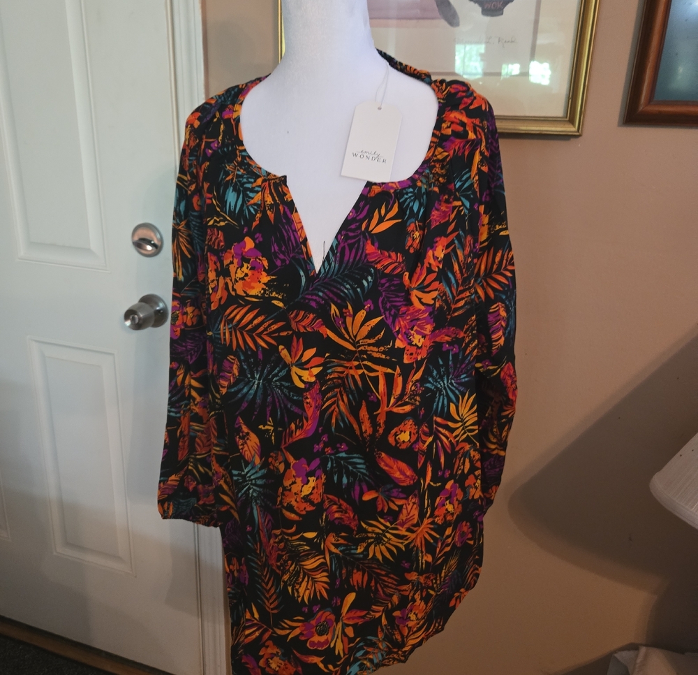 Tropical Print V-Neck Tunic - Black with Orange, Purple & Teal